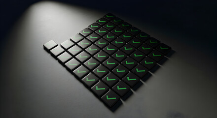 Rows of black squares with green checkmarks symbolize approval and success