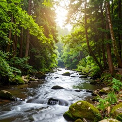 Obraz premium Lush forest stream. Sunlight streams through trees