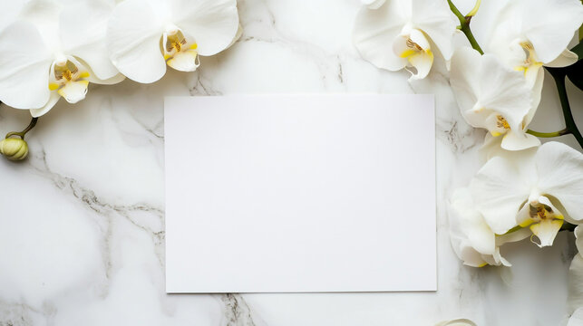 A blank card surrounded by white orchids on a marble background, perfect for a personalized message or invitation, creating an elegant and serene aesthetic