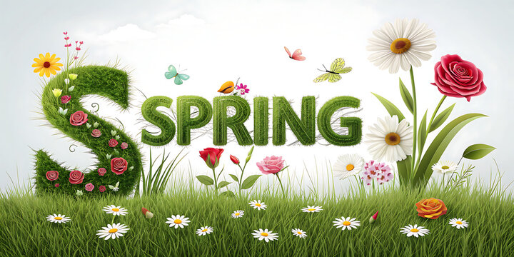 The word spring in grass with flowers and butterflies on a green grass field background design