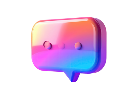 Vibrant, 3D speech bubble graphic with a gradient of pink, orange, and blue