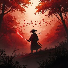 samurai silhouette standing on a ridge in a dense autumn forest