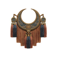 Ornate Crescent Moon Tapestry with Intricate Carvings and Tassels