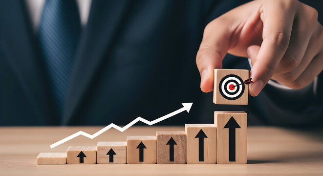 Businessman places target block on rising graph, symbolizing business growth achievement