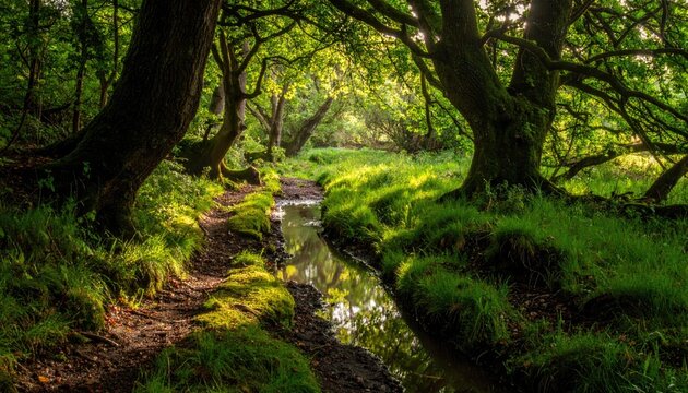 Sunlit forest path, with a shallow stream. Lush greenery, mossy banks, and ancient trees create a tranquil scene