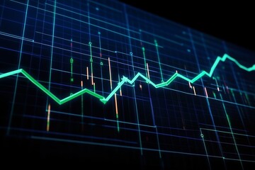Digital financial chart displaying stock market trends with green line and candlestick indicators on a dark grid background