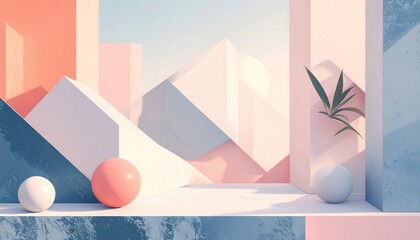 Abstract architectural composition with geometric shapes and soft pastel colors