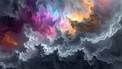 Abstract swirling clouds of vibrant colors, from deep purples and reds to bright oranges and yellows,  with contrasting grays and blacks.  Dense, textured formations