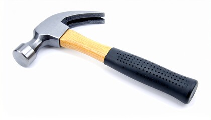 A classic claw hammer with a polished steel head, sturdy wooden handle, and comfortable rubber grip, isolated on a white background