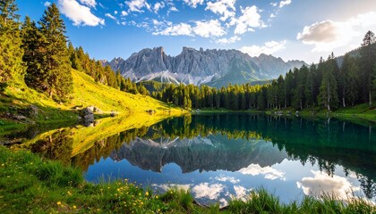 Serene mountain lake, mirrored perfectly by a tranquil, clear surface, showcasing a vibrant, lush landscape under a brilliant blue sky.