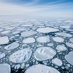frozen ocean top view, featuring a vast expanse of icy surface with numerous floating ice sheets of varying shapes