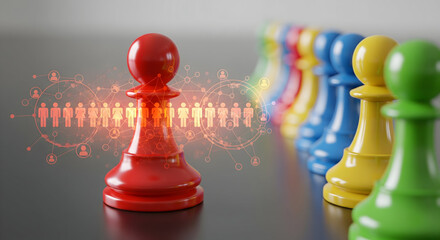Red pawn leads diverse team in network, symbolizing leadership and connection