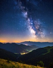 Milky Way over mountain valley at night