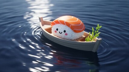 Cute sushi character in little boat on water