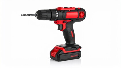 A powerful red and black cordless electric drill with an attached bit and rechargeable battery, isolated on a clean white background
