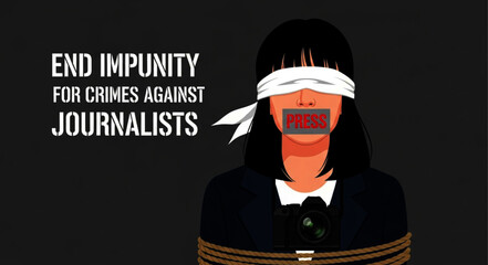 Blindfolded Journalist with Camera, Bound, Silenced, Pixelated Art Style