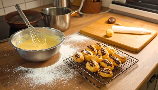 Kitchen counter with pastries and batter