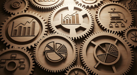 Wooden gears with business charts and flowcharts symbolise success and strategy