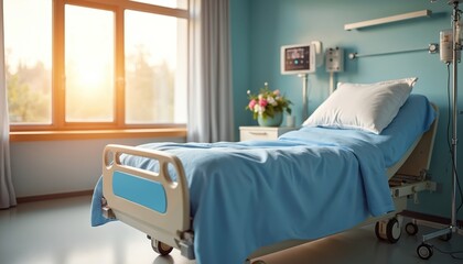 Hospital room features adjustable bed with blue linens, large windows, medical equipment including monitor, IV stand. Bright sunlit interior offers peaceful healing environment. Clean, modern clinic