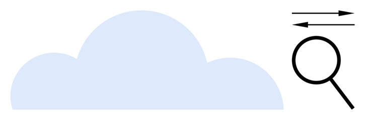 Cloud with magnifying glass and directional arrows representing data analysis, exploration, and technology. Ideal for analytics, innovation, discovery, research, science, cloud computing