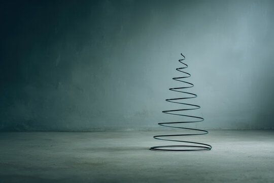 minimalist wire christmas tree is elegantly placed against soft gray background highlighting its unique design