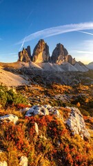 Autumnal mountain peaks bathed in golden sunlight