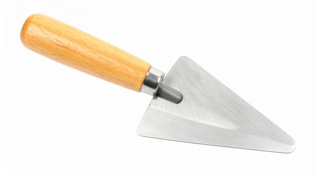 A single construction pointing trowel featuring a polished steel triangular blade and a smooth light wood handle, isolated on a white background
