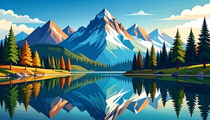 A serene, colorful landscape depicts a tranquil lake mirroring snow-capped mountains and vibrant autumnal trees.