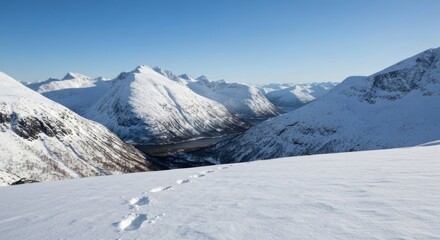 Obraz premium Snowy mountain vista, footprints in the snow