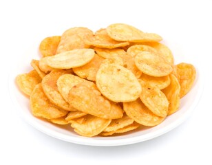 Pile of crispy, round, golden snacks on a white plate