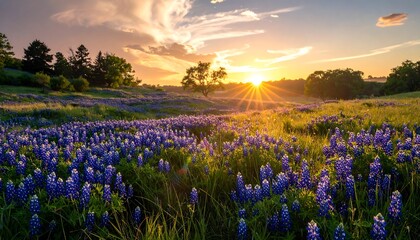A vast expanse of wildflowers in vibrant hues of blue and purple, bathed in the golden light of a stunning sunset.