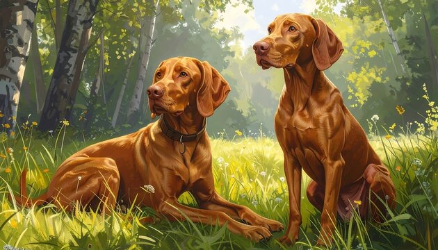 Two Vizsla dogs in a sunlit forest glade