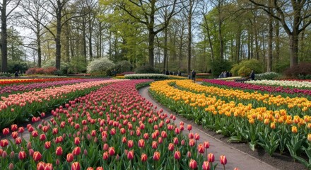 A vibrant tulip garden, colourful rows