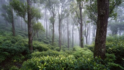 Misty, verdant hillside tea plantation shrouded in fog, tall slender trees lining a sloping path through lush green foliage