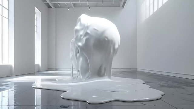 Melting Head Sculpture in White Room: Conceptual Art Installation