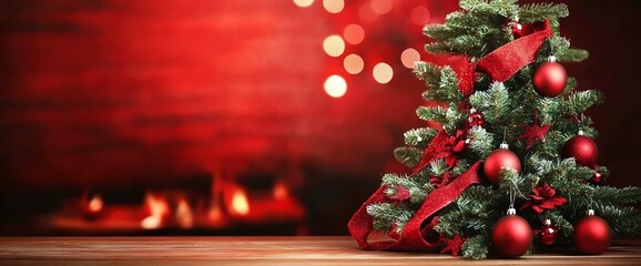 Christmas tree decorated with red ornaments and ribbon beside a glowing fireplace