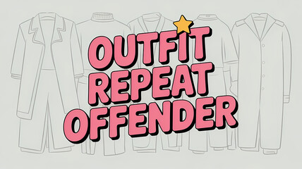 Vertical ‘Outfit repeat offender’ typography in bubblegum pink with a playful yellow star on textured light-grey clothing backdrop