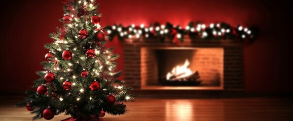 Christmas tree decorated with red ornaments and lights near a lit fireplace with garland