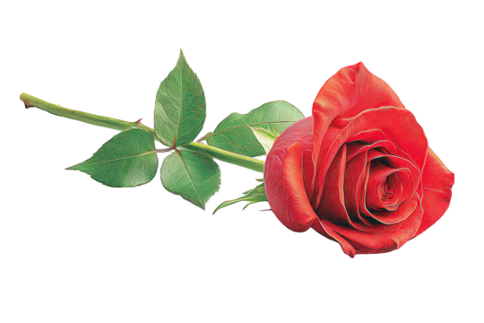 Single Red Rose with Green Stem and Leaves on Black Background