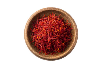 Fototapeta premium Saffron threads in a wooden bowl isolated on transparent background