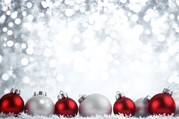 Red and silver Christmas ornaments arranged on snow with a sparkling bokeh background