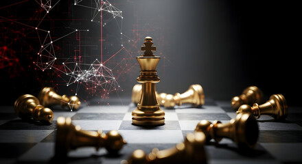 Golden king stands victorious over fallen pieces on chessboard, digital network overlay