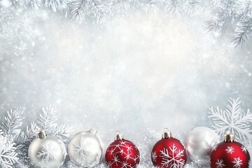 Christmas ornaments and snowflakes arranged on a frosty background with copy space