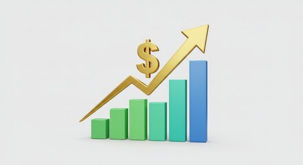 A 3D rendering of a bar chart showing financial growth and increasing profits, with a golden dollar sign and an upward arrow.