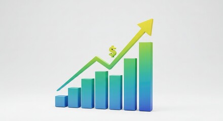 A vibrant 3D rendering of a bar graph with an upward-pointing arrow, symbolizing growth and progress.