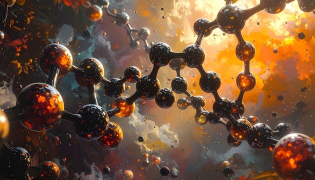 A detailed illustration of complex molecular structures, displaying intricate connections and vibrant colors in a surreal setting. - Powered by Adobe