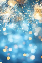 Golden fireworks burst against a blue bokeh background with sparkling lights and festive glow.