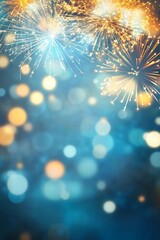 Sparkling fireworks burst against a bokeh-lit blue background, creating a festive and magical atmosphere.