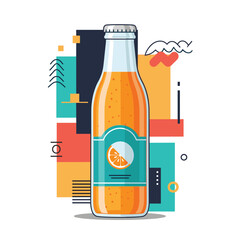 A refreshing bottle of orange flavored drink stands against a colorful abstract background full of geometric shapes.