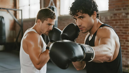 Two men engaged in a boxing training session in a gym setting.